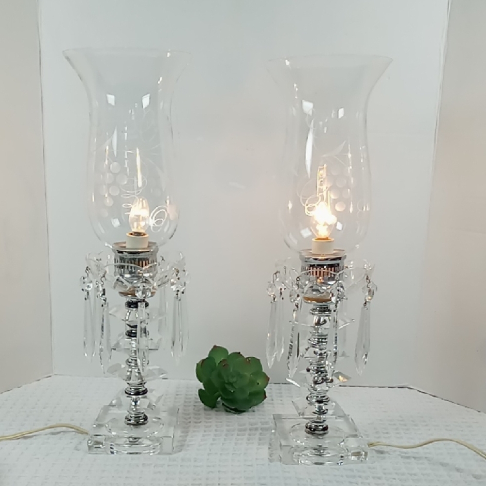 Vintage Pair Boudoir/Mantle Lamps Clear Cut Glass w/Prisms